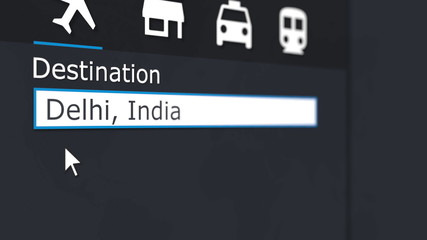 Buying airplane ticket to Delhi online. Travelling to India conceptual 3D rendering