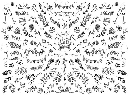 Hand sketched floral design elements for birthday cards, flowers and leaves for text decoration
