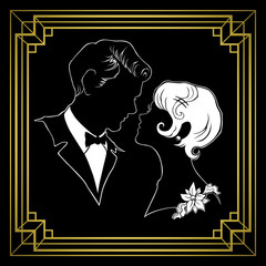 Silhouette of couple in retro style on black background.