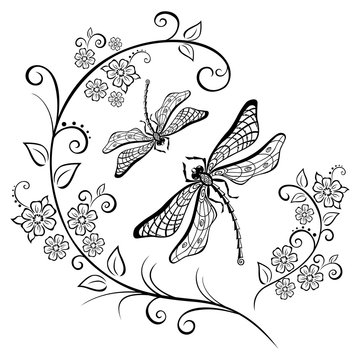 Silhouette of a dragonfly and flowering branches.