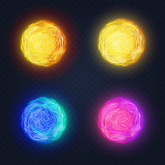 Vector illustration of different abstract luminous colored shape glowing circles on dark background.