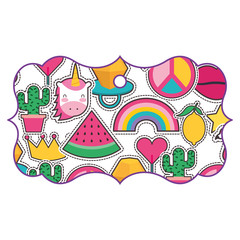 pattern shape label with patches retro fashion vector illustration