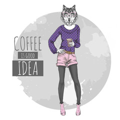 Fototapeta premium Retro Hipster fashion animal wolf with coffee. Woman model