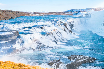 Gullfoss waterfall view and winter Lanscape picture in the winter season