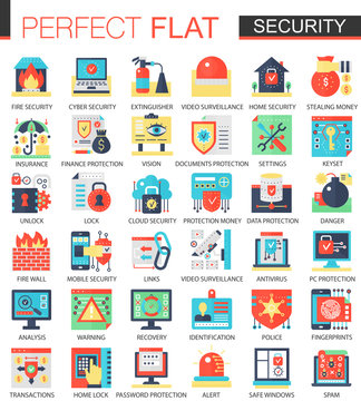 Security and cyber safety technology vector complex flat icon concept symbols for web infographic design.