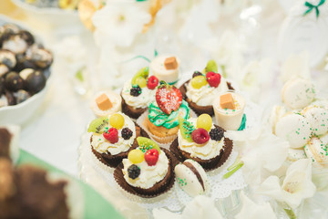 Different kinds of baked sweets on a buffet