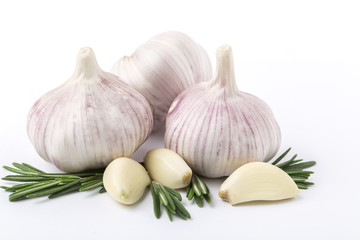 Fresh garlic with rosemary isolated on white background. Isolated garlic
