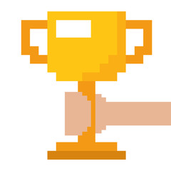 pixelated hand holding trophy cup game vector illustration