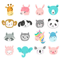 Obraz na płótnie Canvas Set of cute hand drawn smiling animals characters. Cartoon zoo. Vector illustration. Giraffe, llama, bunny, bear, monkey, dog, cat, panda, raccoon, owl, unicorn, hippo, sheep, elephant, koala and pig
