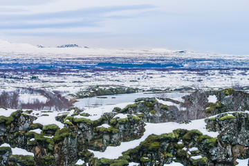 Beautiful View and winter Landscape picture in Thingvellir National park, Iceland in the winter, covered by snow.