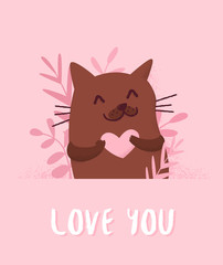 Love card with cute cat, plants and heart on pink background. Flat style. Vector.