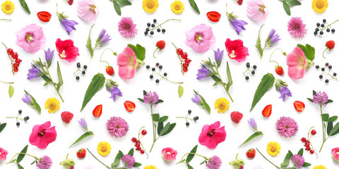 Seamless pattern from plants, wild flowers and  berries, isolated on white background, flat lay, top view. The concept of summer, spring, Mother's Day, March 8. 