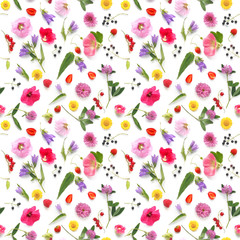 Fototapeta na wymiar Seamless pattern from plants, wild flowers and berries, isolated on white background, flat lay, top view. The concept of summer, spring, Mother's Day, March 8. 