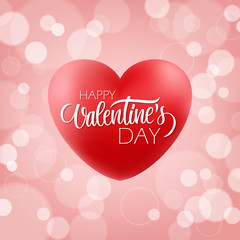 Happy Valentines Day romantic greeting card with hand drawn lettering and realistic red heart. 14 february holiday greetings. Vector Illustration.