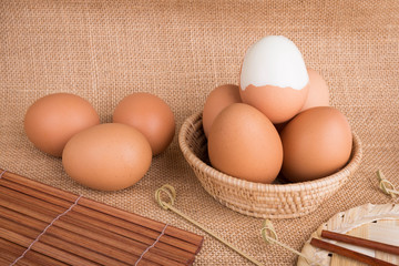 Set Eggs in a basket on  gunny (sackcloth)  background