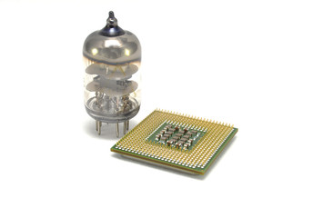 Electron tube and processor on a white background close up