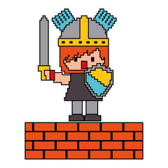 pixel character knight with brick wall game vector illustration