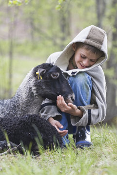 Young kneeling boy caressing black sheep in park
