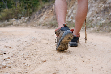 traveler hiker man with backpack hiking on mountain. leg of tourist backpacker with stick trekking in forest. travel lifestyle, summer vacation concept