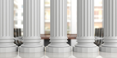Five classical pillars on an office desk, blur background. 3d illustration