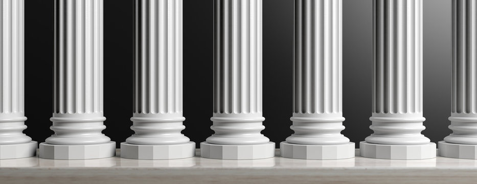Seven marble pillars on black background. 3d illustration