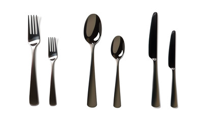 Realistic fork and knife mockup. Stainless steel, silver kitchenware, flatware. Isolated vector illustration on a white background ready for your design