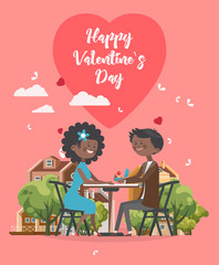 Happy Valentines Day vector illustration. Greeting card with young african american couple in love. Valentine's background in flat style.