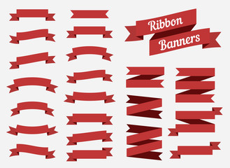 Flat ribbons banners isolated on white background. Set of red tapes. Vector illustration