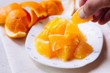 Orange sliced in white plate