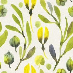 Seamless watercolor floral pattern on paper texture. Botanical background