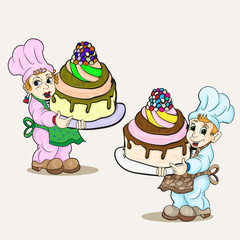 boy and girl dressed as a chef holding a large cake