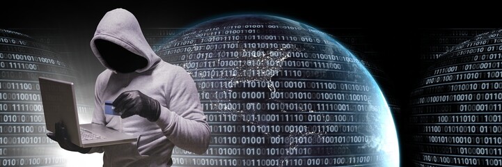 Anonymous hacker with computer code binary interface and earth