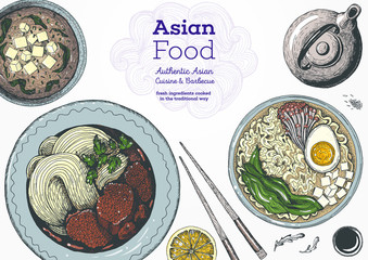 Asian cuisine top view, colored dish set. Vintage food menu design template. Cartoon style vector illustration.