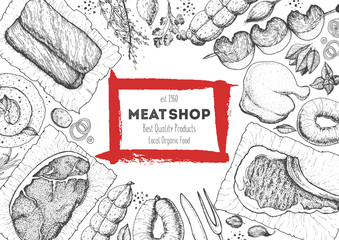 Meats and sausages top view frame. Vector illustration. Engraved design. Hand drawn illustration. Meat products design template.