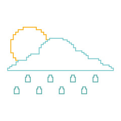 pixelated cloud sun and rain drops climate vector illustration line color design