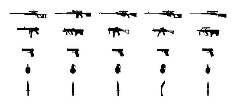 Weapons silhouettes set. Knifes, grenades, pistols, machineguns and sniper rifles. Vector EPS10.