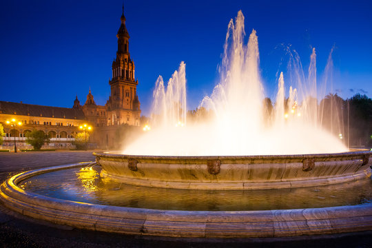 Seville, Andalusia, Spain - Plaza of Spain in Seville by night