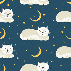 Motif de chat endormi blanc, lune et étoiles sur fond bleu foncé. Illustration vectorielle.