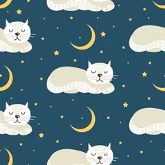  Patroon van witte slapende kat, maan en sterren op donkerblauwe achtergrond. Vector illustratie. © N.Savranska