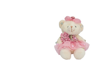 Cute white teddy bear wearing pink dress with roses, Happy New Year gift.
