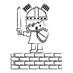 pixel character knight with brick wall game vector illustration sketch design