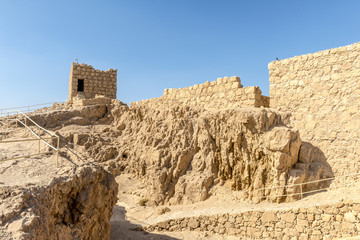 Ruins of the ancient fortress of Massada on the mountain near the dead sea in southern Israel

