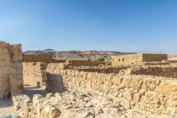 Ruins of the ancient fortress of Massada on the mountain near the dead sea in southern Israel

