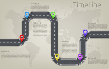 Vector company corporate car road on world map milestone, timeline business presentation layout infographic strategic plan workflow with pointer marks, action steps. Concept template illustration