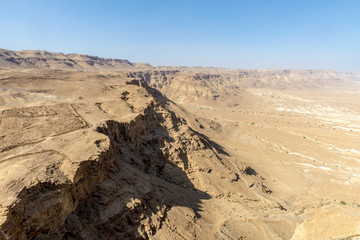 Ruins of the ancient fortress of Massada on the mountain near the dead sea in southern Israel

