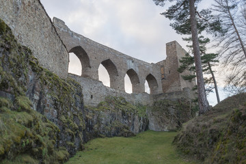 Fototapeta na wymiar Gothic castle public ruin of Velhartice, Czechia, arcade, bridge, wall, tower, gate