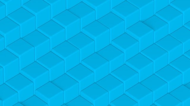 Abstract Geometric Cube Blocks Loop 1C: blue minimal randomly shifting surface of simple clean rounded cubes in step stairway array, cool fresh ultramarine cyan sky blue. Seamless loop 4K UHD FullHD.