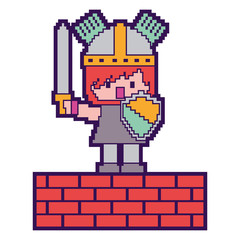 pixel character knight with brick wall game vector illustration