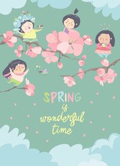 Cute little girls with cherry blossom