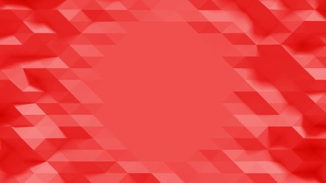 Abstract Polygonal Center Display Loop 1F: vivid hot red geometric surface backdrop with central empty copy space blank circular area for product display, text placement. Seamless loop 4K UHD, FullHD.